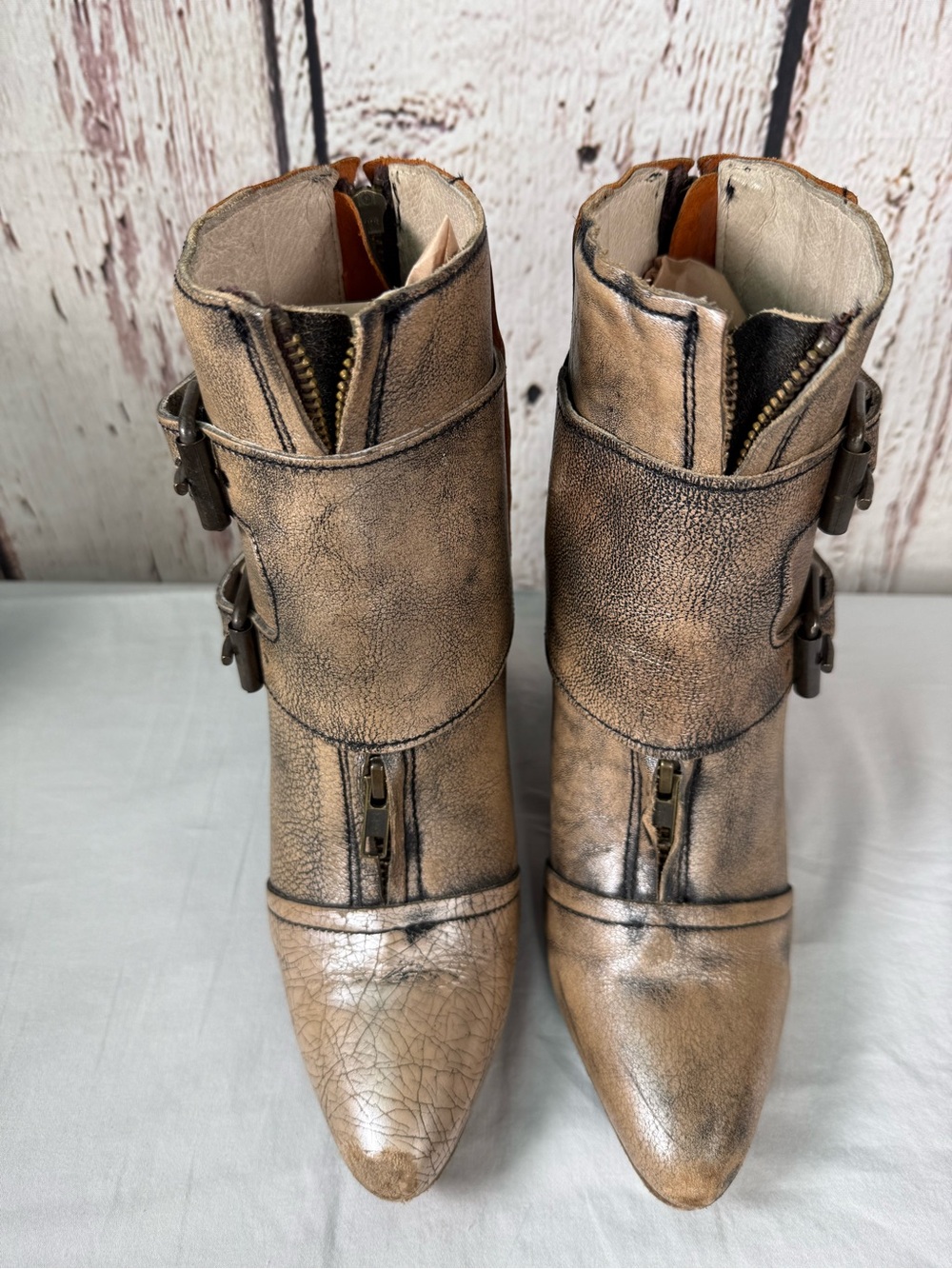 Freebird by Steven Joey Distressed Leather Buckle Block Heel Ankle Booties Boots - Picture 5 of 16